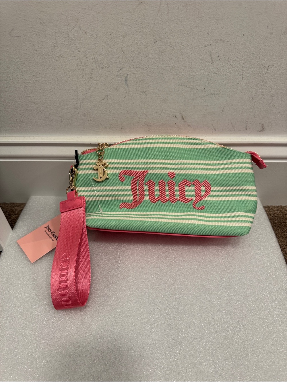 Juicy Couture Mint Green & Pink Striped Cosmetic bag Wristlet pouch NWT